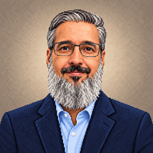 Retrato de Jota Oliveira em pixel art, com óculos, cabelo e barba grisalhos.